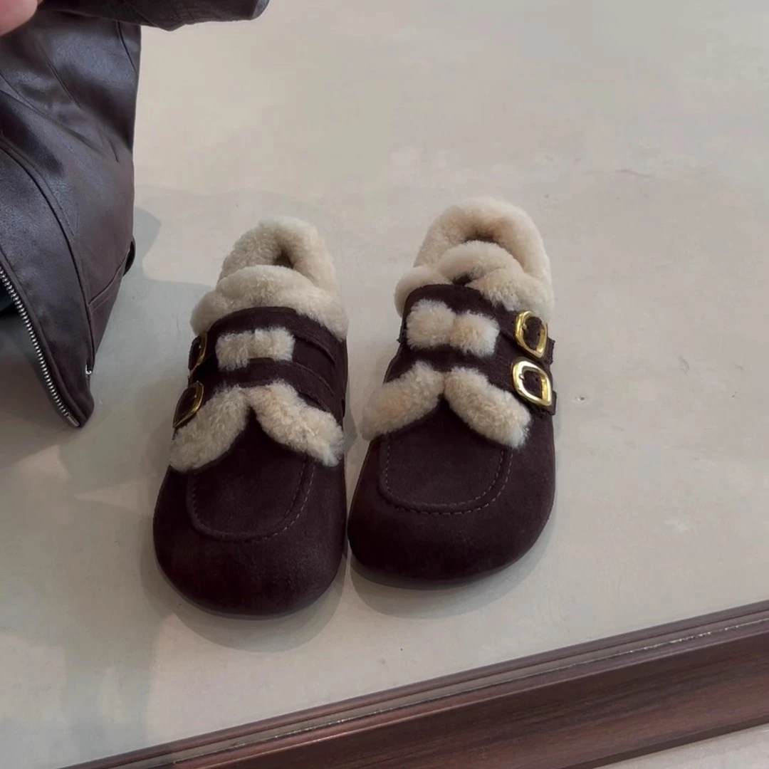 羊皮版~2025秋冬新款复古圆头时尚双排扣带加绒毛毛深口勃肯鞋女