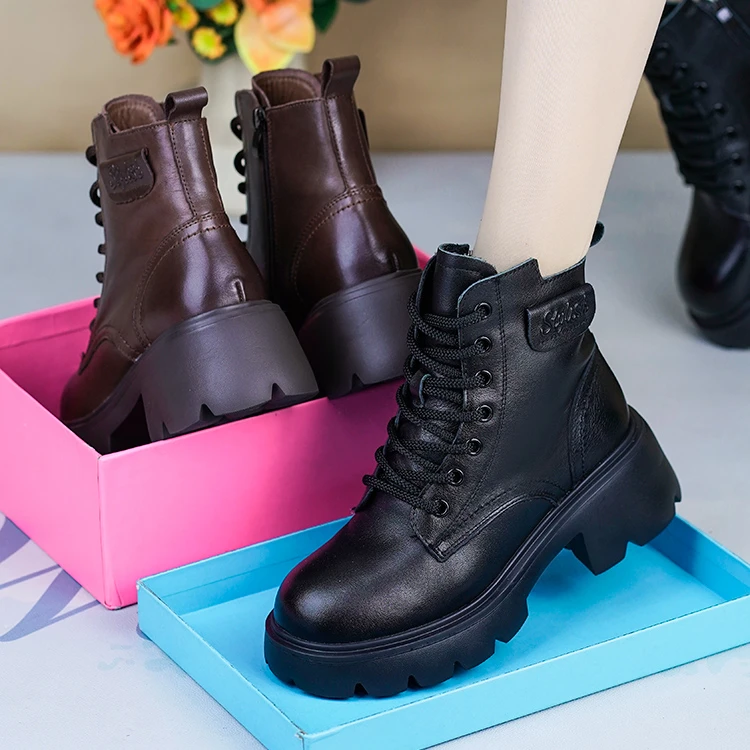 RY13989-2冬季新款真皮厚底粗跟英伦马丁靴头层牛皮增高加绒棉靴