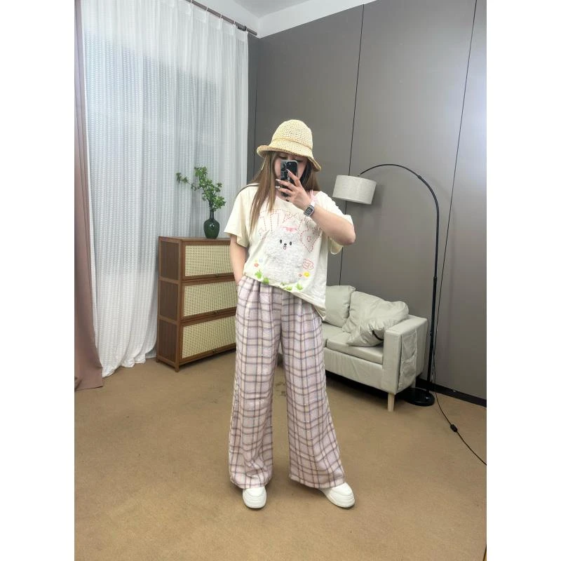 慵懒风复古花边刺绣格子阔腿裤女高腰宽松显瘦休闲裤小狗T恤