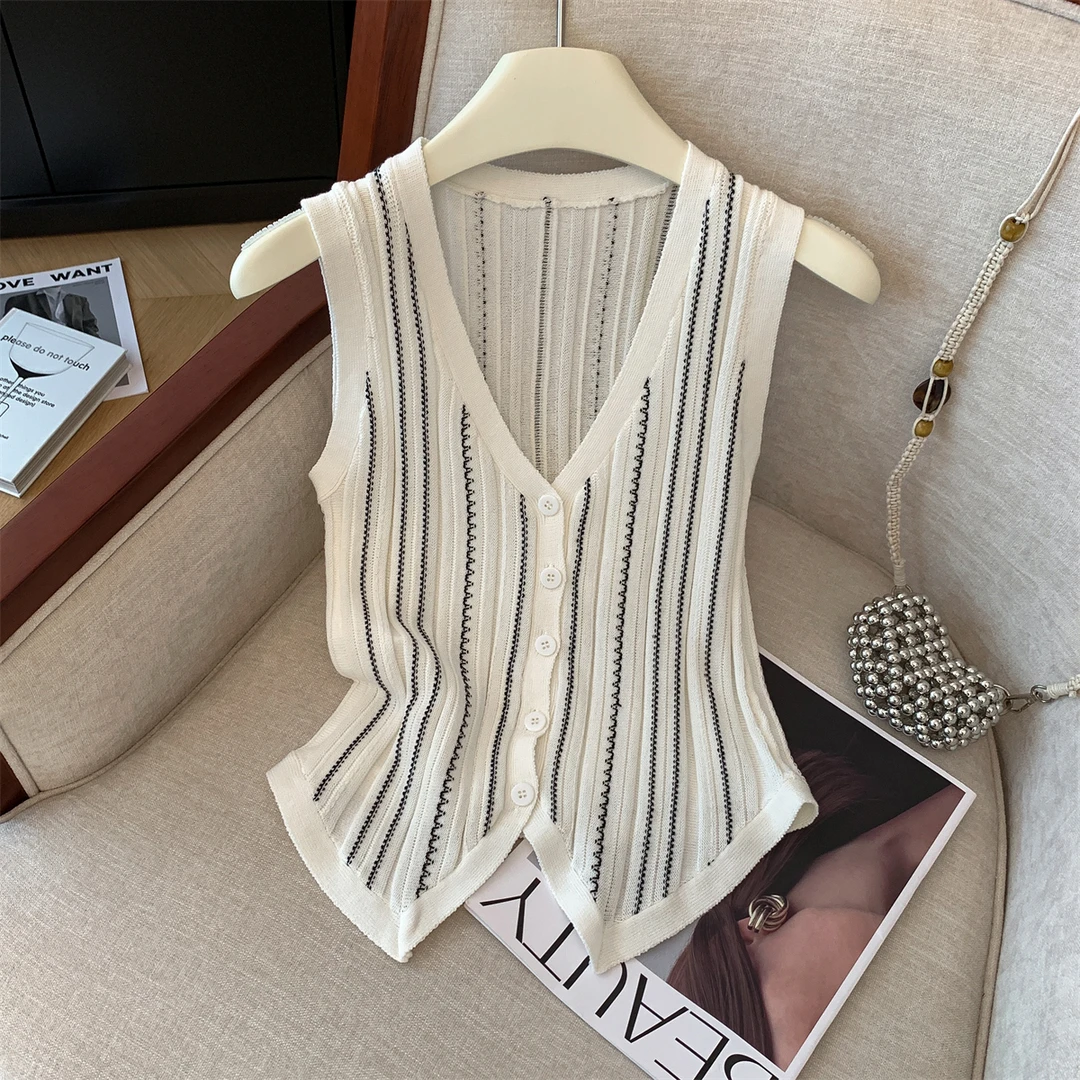 美式复古撞色无袖针织背心女夏季新款洋气叠穿气质条纹马甲通勤