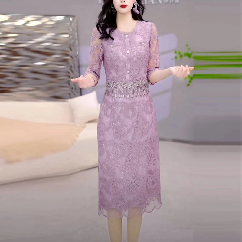 2025夏季新款气质假两件连衣裙优雅镂空刺绣修身显瘦裙子