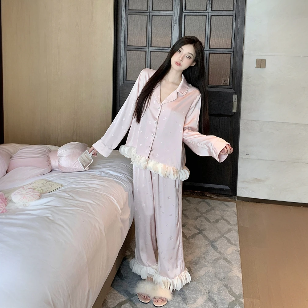 2025新款冰丝睡衣春秋季长袖两件套女高级感可外穿法式蝴蝶家居服