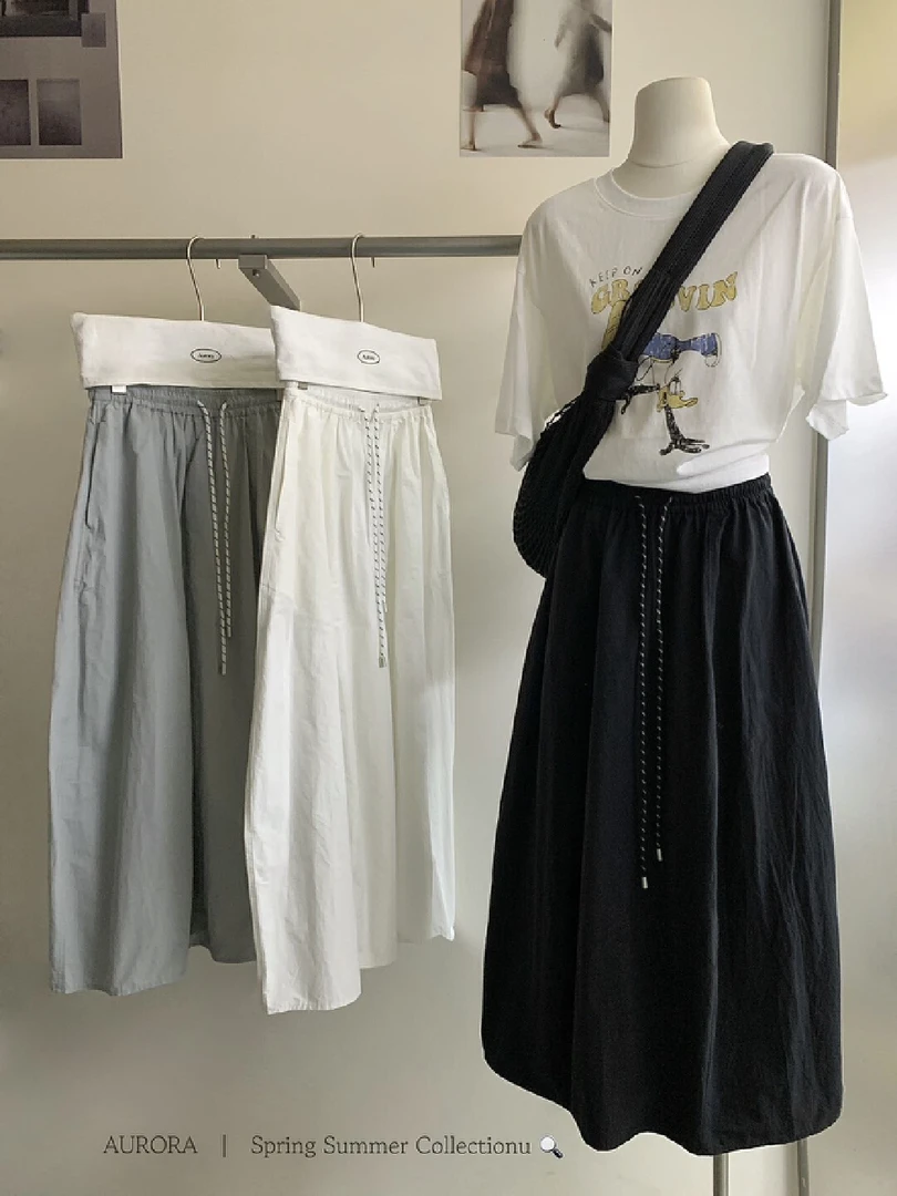 aurora@2208 韩系极简风日常百搭高腰显瘦抽绳半身裙（裙长88）