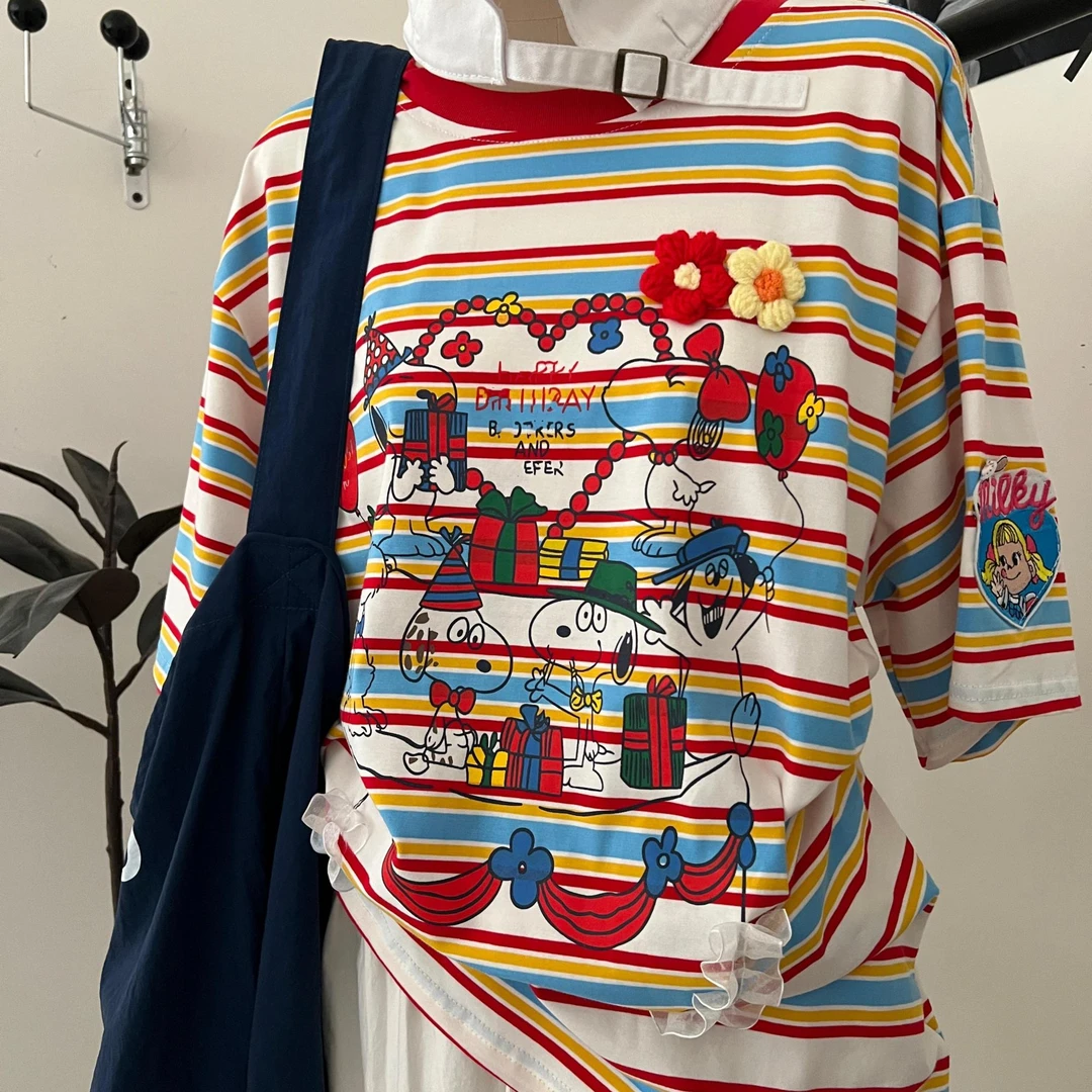 休闲史努比条纹短袖T恤5578