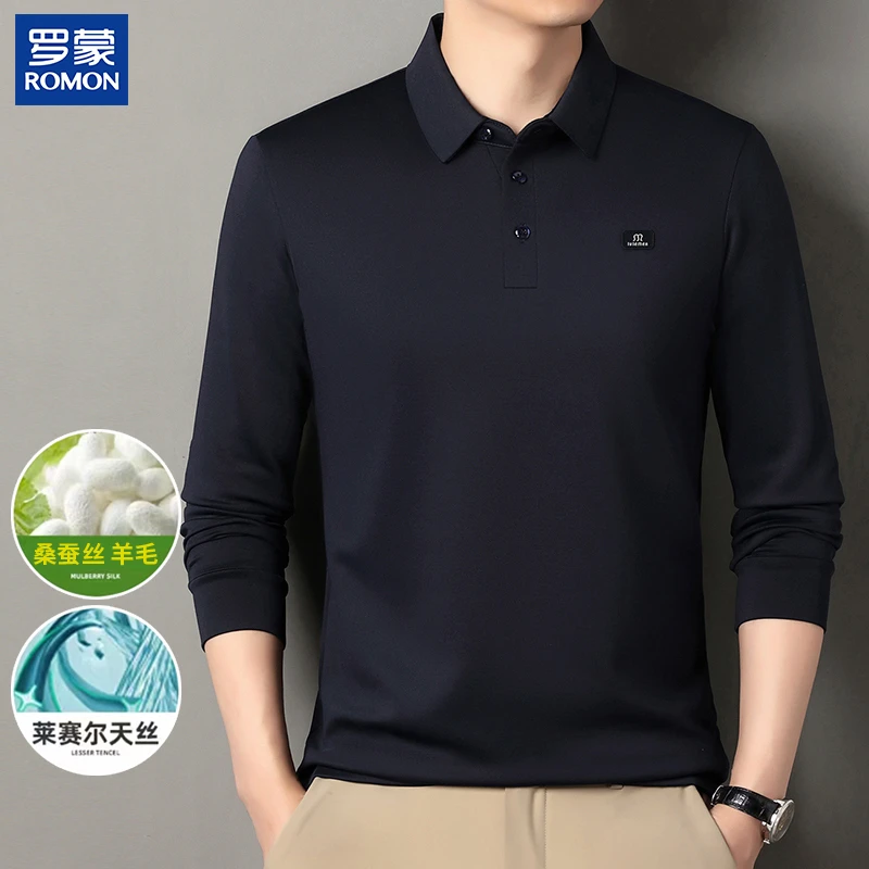 【含桑蚕丝+绵羊毛】Romon/罗蒙秋季新款男士翻领上衣长袖POLO衫