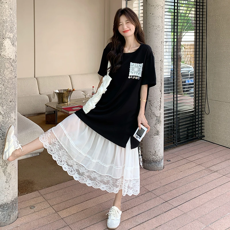 黑色t恤连衣裙套装女夏季穿搭显瘦学院风蕾丝拼接半身裙子两件套