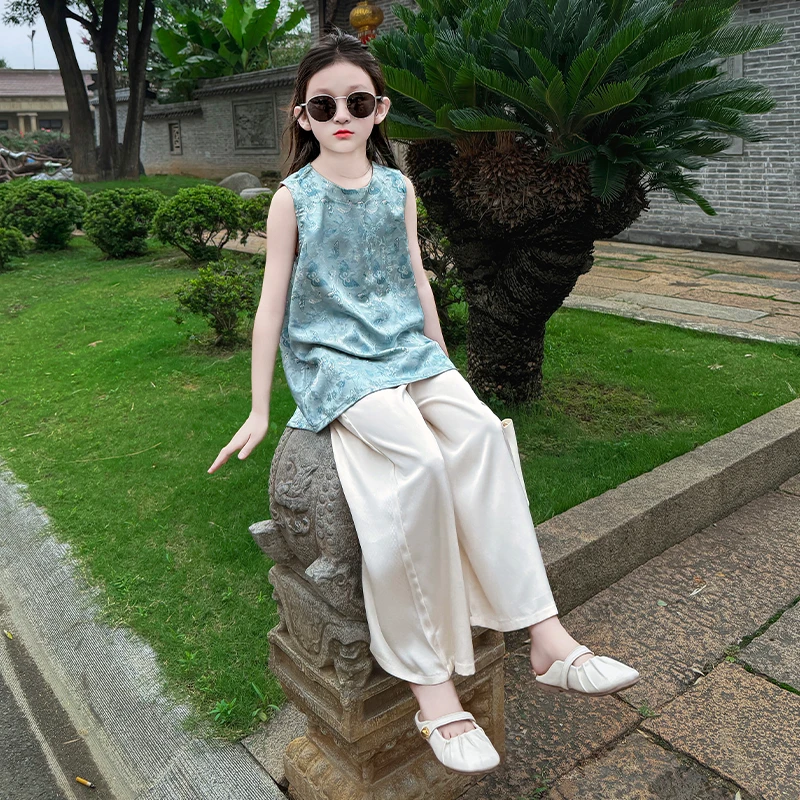 女童2025夏季新款儿童国风旗袍上衣休闲直筒裤套装新中式两件套潮