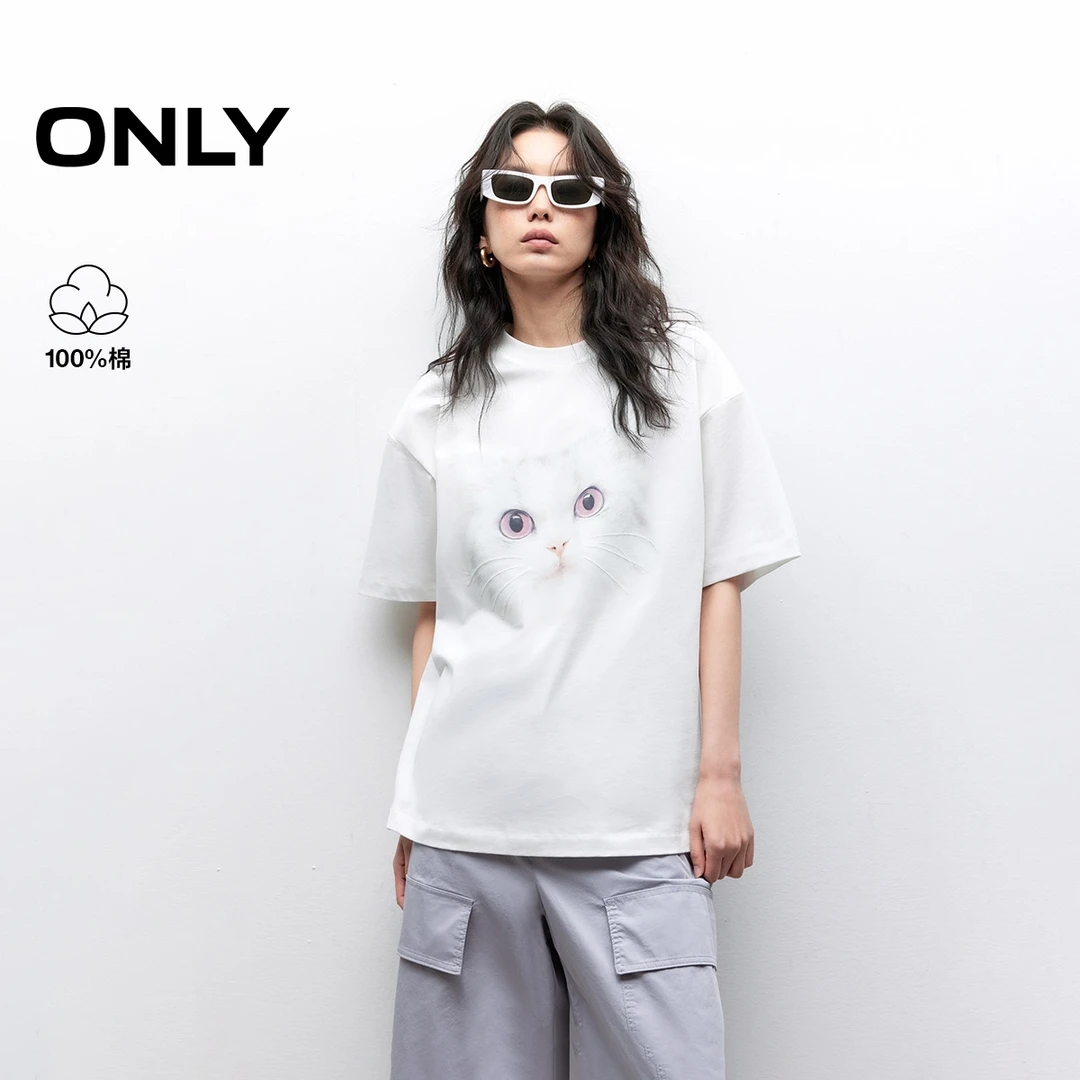ONLY2025夏季新款时髦慵懒宽松落肩纯棉印花短袖T恤女|125201015