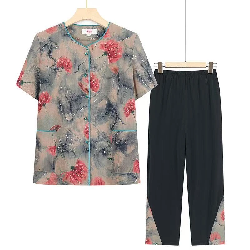 8786-中老年人夏装短袖衬衫套装女装妈妈夏季两件套衣服【F仓】