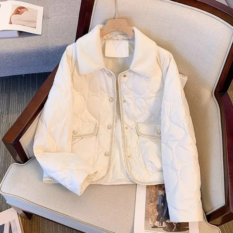 新款香风时尚百搭绗绣女上衣冬季轻薄棉服翻领小个子棉衣外套