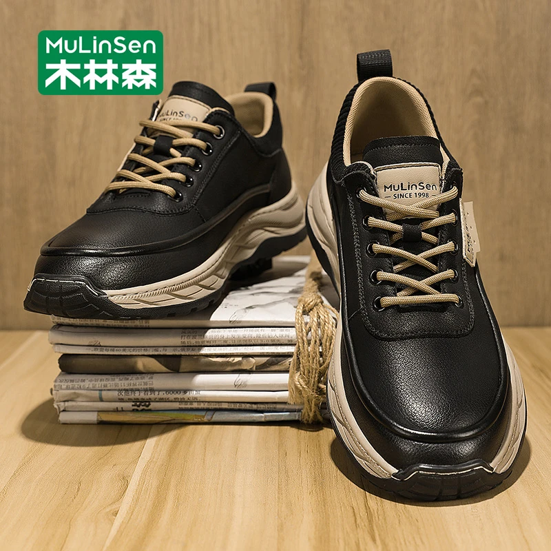木林森男鞋2025新款秋季男士运动休闲鞋厚底耐磨防滑皮面跑步潮鞋