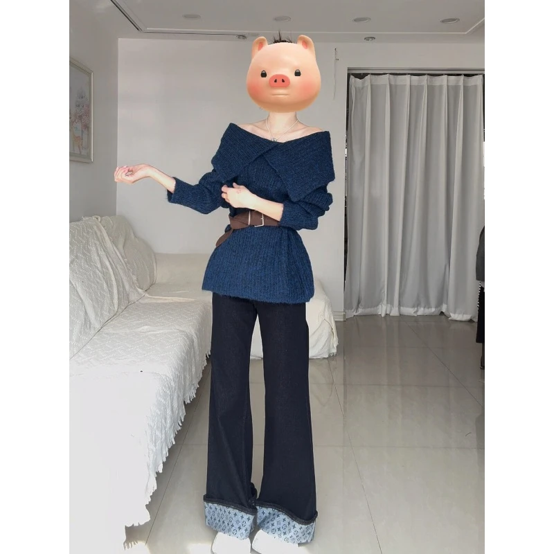 MARIE.COCO慵懒风不规则大翻领露肩针织毛衣女秋季新款卷边直筒裤