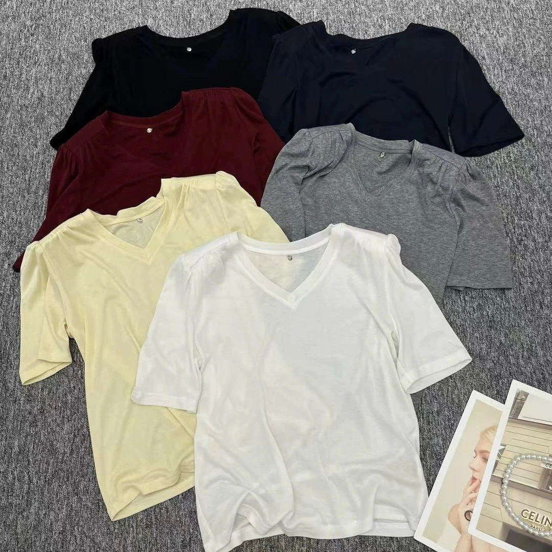 058-慵懒风天丝羊毛短袖T恤休闲常规款V领