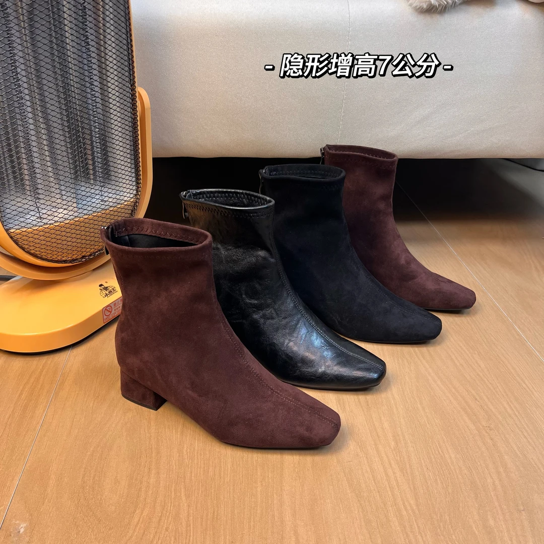 小个子内增高7CM小个子瘦瘦靴女法式粗跟方头加绒面短筒踝靴
