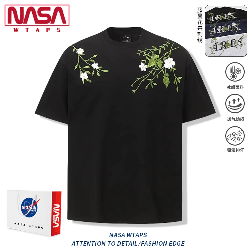 NASA WTAPS街头花卉花环刺绣文字短袖T恤男女小众设计感百搭半袖