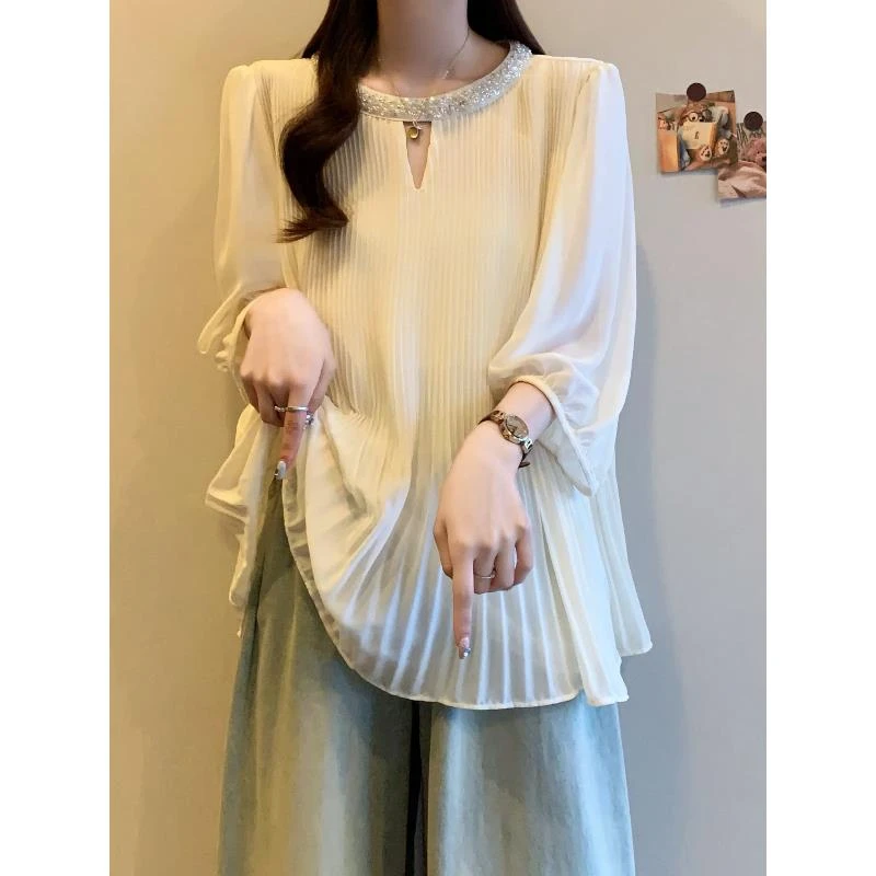 高级感轻奢重工镶钻雪纺衫女装夏季2025新款大码胖mm遮肚衬衫上衣