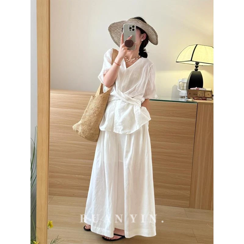 阮音巨好看亚麻衬衫套装女夏季韩系气质小众扭结衬衣阔腿裤两件套