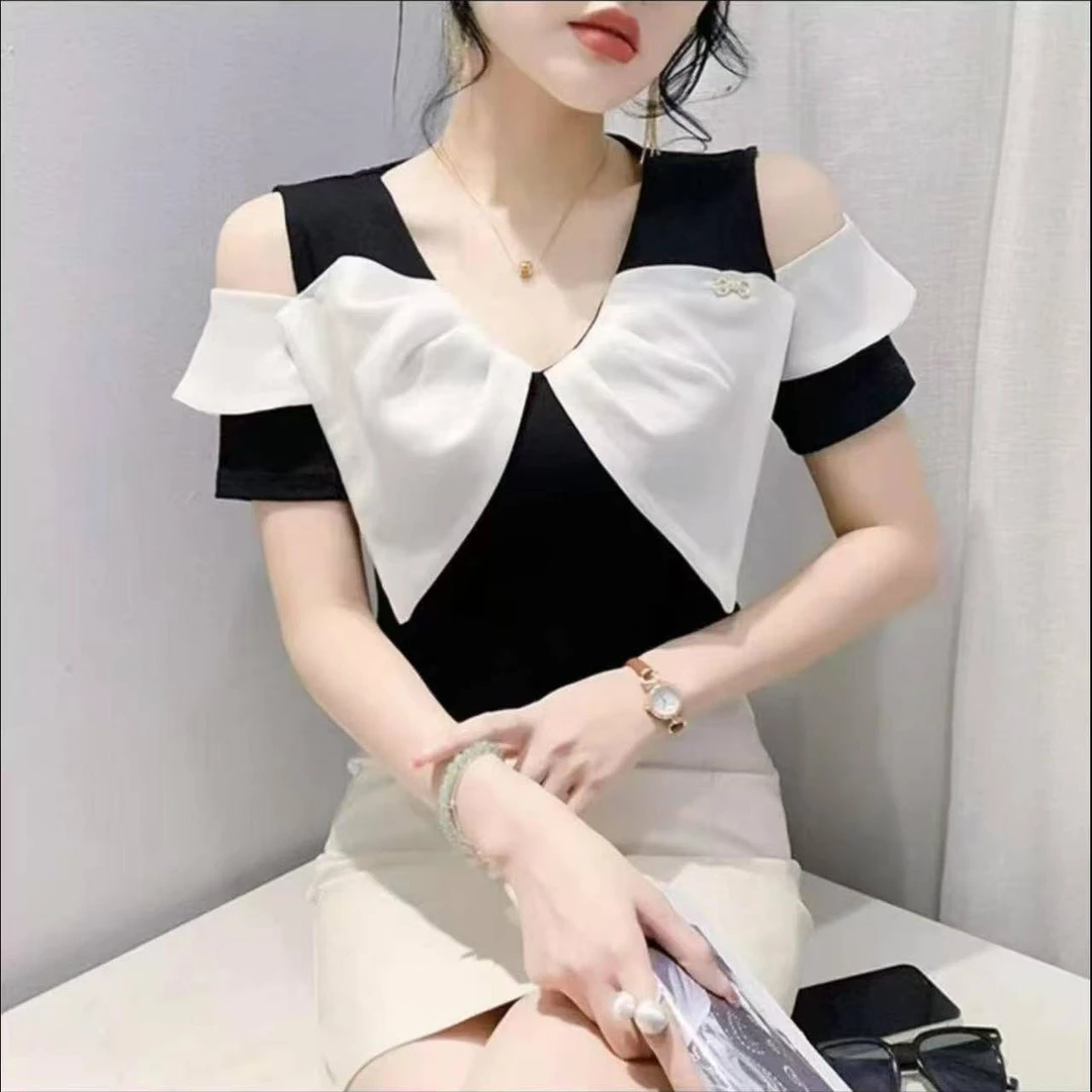 2025夏季时尚气质新款简约V领露肩蝴蝶结百搭减龄短袖P7782