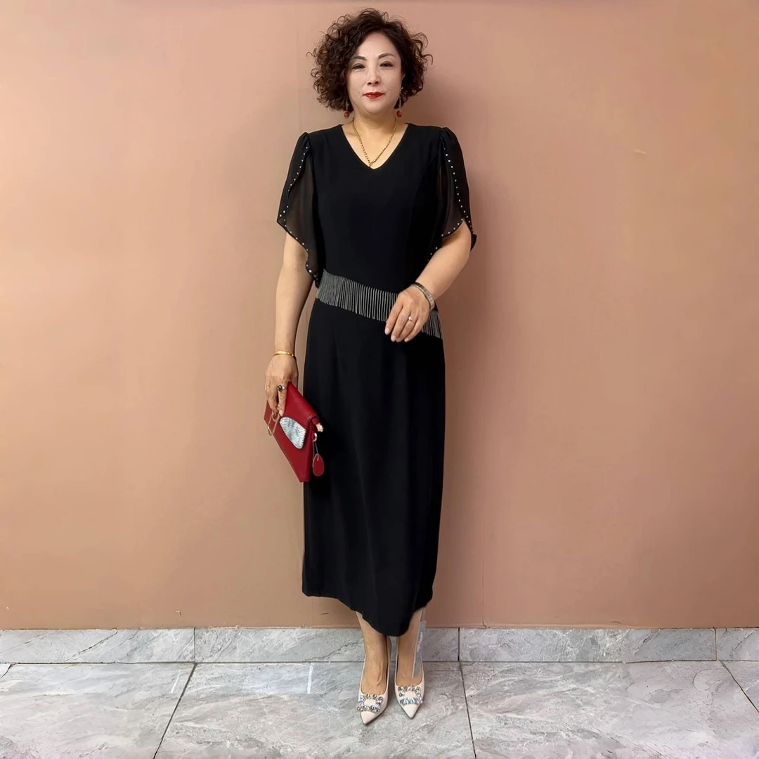 高端设计感夏季短袖流苏连衣裙洋气遮肉显瘦优雅气质妈妈装长裙子