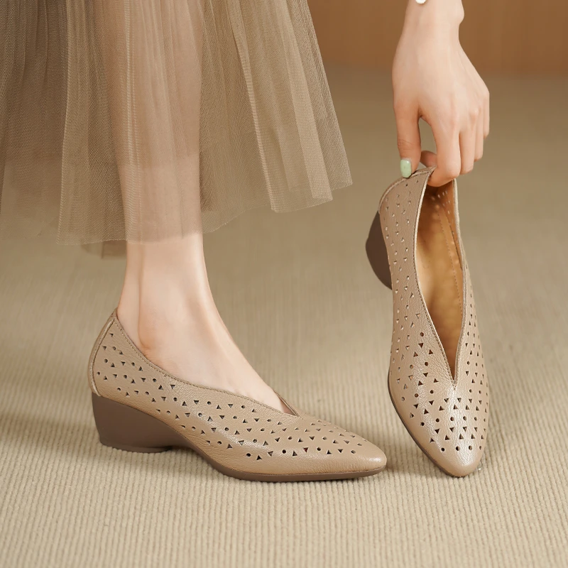 跟高4.5cm/羊34-40法式简约芒果头V口单鞋打孔镂空透气柔软舒适