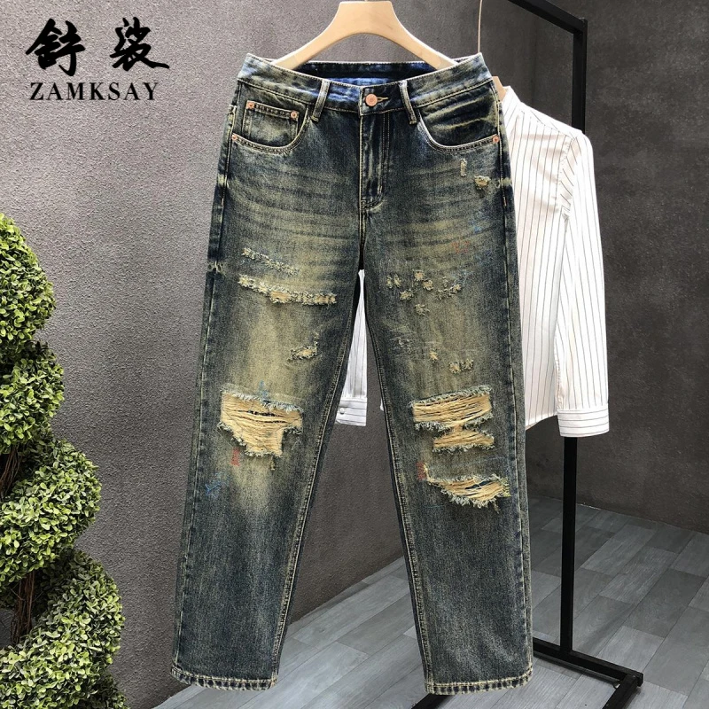 秋季新款小众设计感破洞牛仔裤男美式高街宽松裤子潮流男士直筒裤