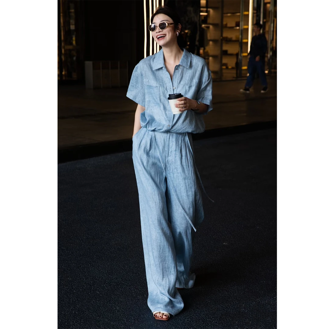 今年流行浅蓝色麻料套装夏新款松弛感老钱风短袖衬衣阔腿裤两件套