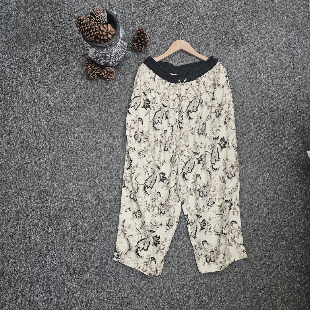 复古亚麻松紧腰系带印花宽松显瘦阔腿裤夏季新款慵懒休闲哈伦裤女