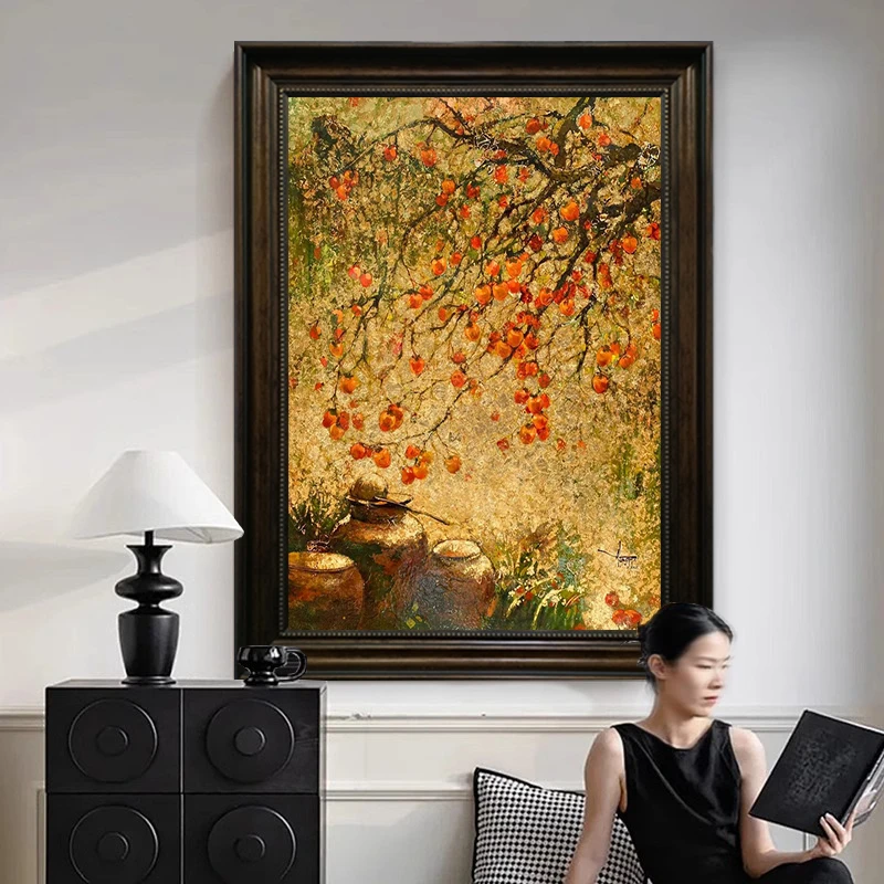 爆品》万柿如意客厅肌理油画装饰画玄关高级感客厅挂画装饰画