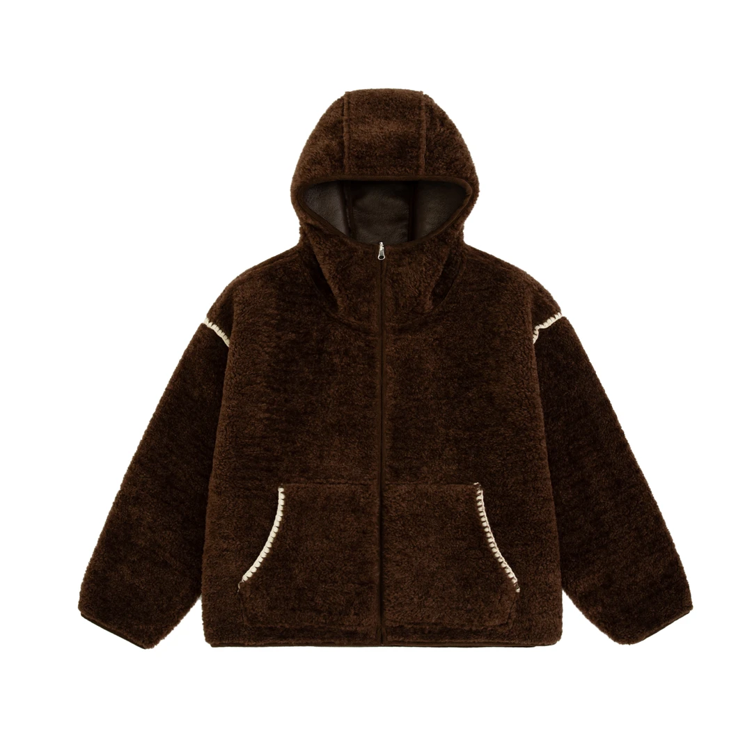 25秋冬Kblc复古麂皮复合仿羊羔毛双面穿连帽宽松版贝壳绣保暖外套