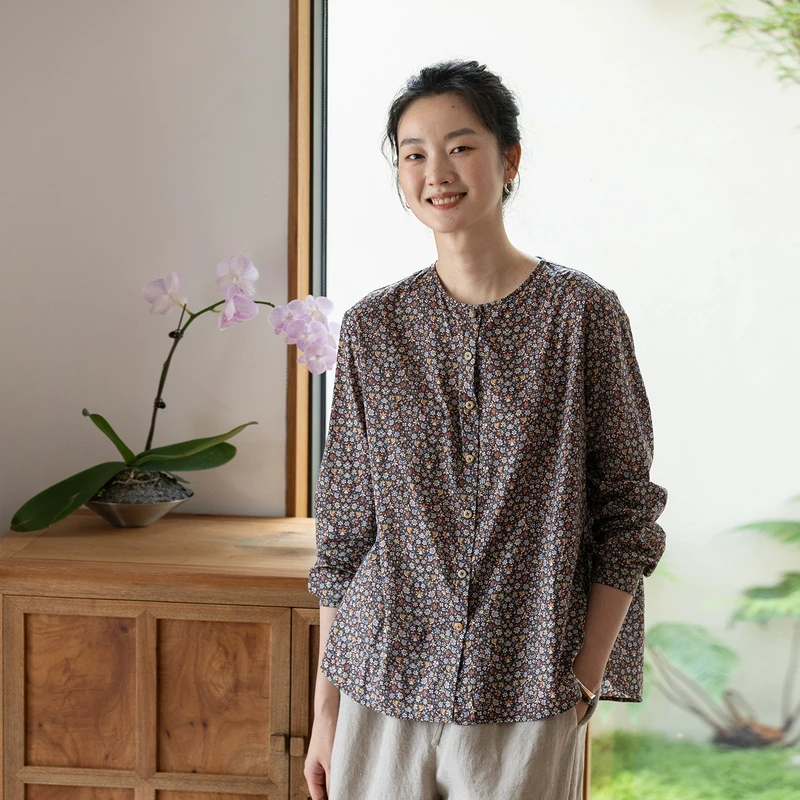 牧衣游原创 进口利伯缇印花纯棉衬衫轻薄文艺碎花百搭小衫 忆时光