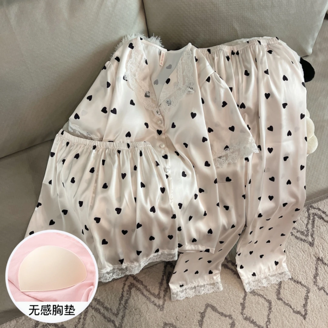 冰丝睡衣女夏季短袖大码凉感带胸垫2025新款桃心三件套春天家居服