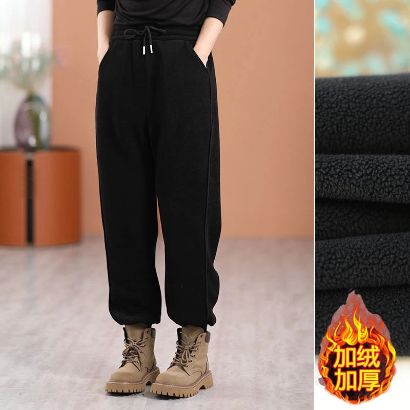 冬季女装新款高腰直筒修身束脚口哈伦裤运动休闲纯色系带棉质卫裤