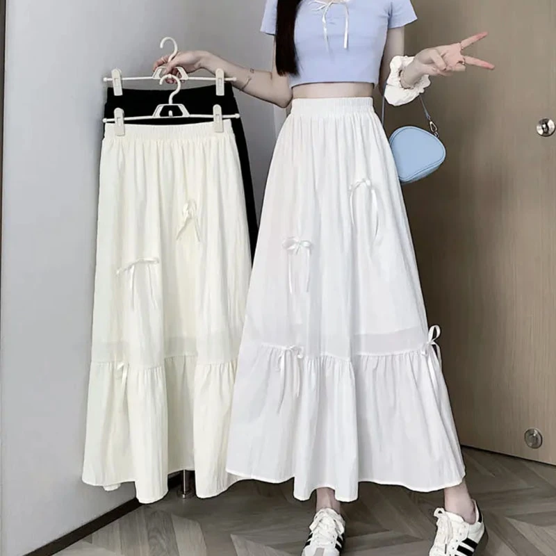 法式温柔风蝴蝶结半身裙女百搭夏季新款高腰遮胯显瘦中长款a字裙
