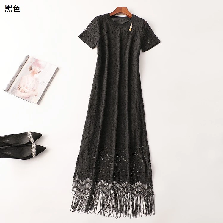 409513夏加长款时尚蕾丝短袖圆领气质显瘦拼接连衣裙黑色夏季裙子