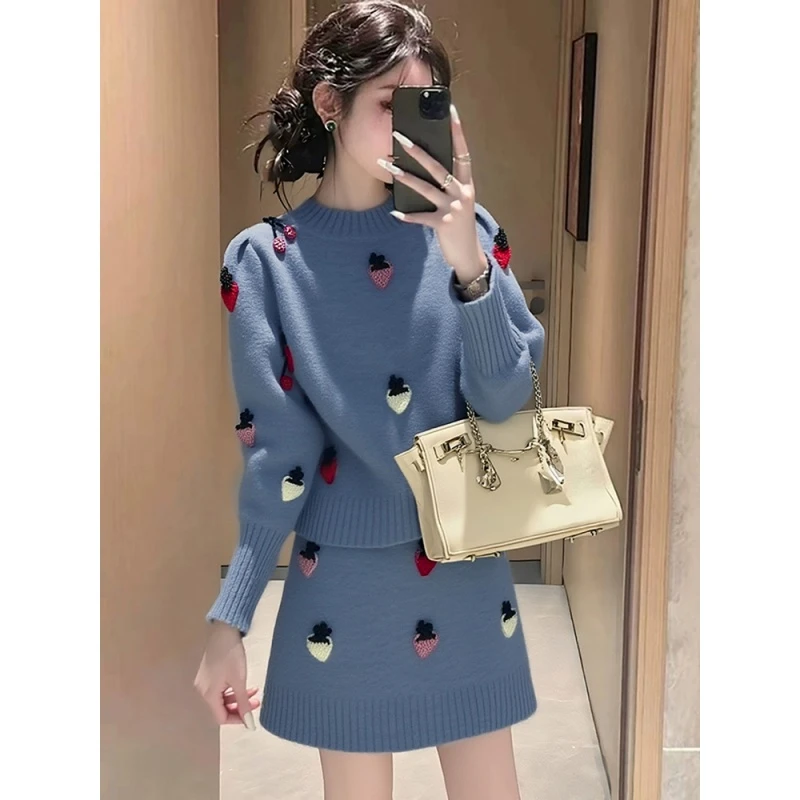 简约流行针织套装秋冬小个子穿搭女2025新款巨好看上衣短裙两件套