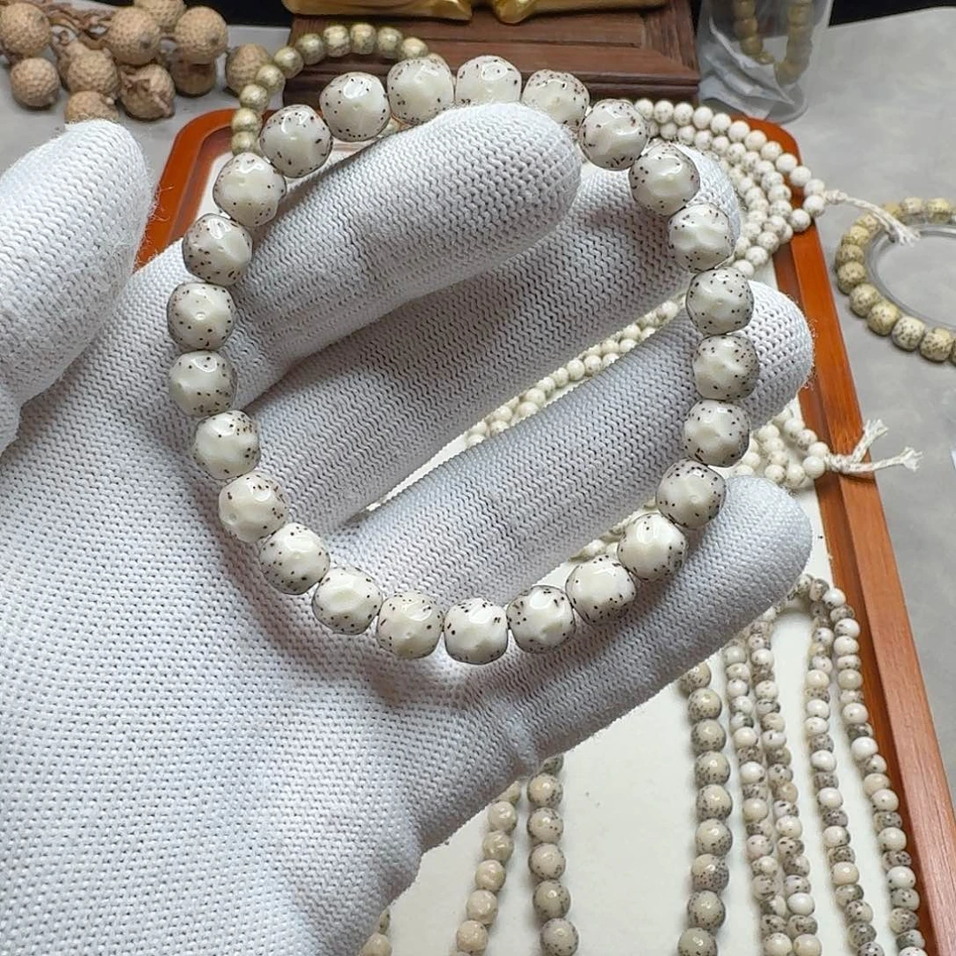 星月菩提手串石玉料9改无相单圈瓷白玉化料月留白小细星
