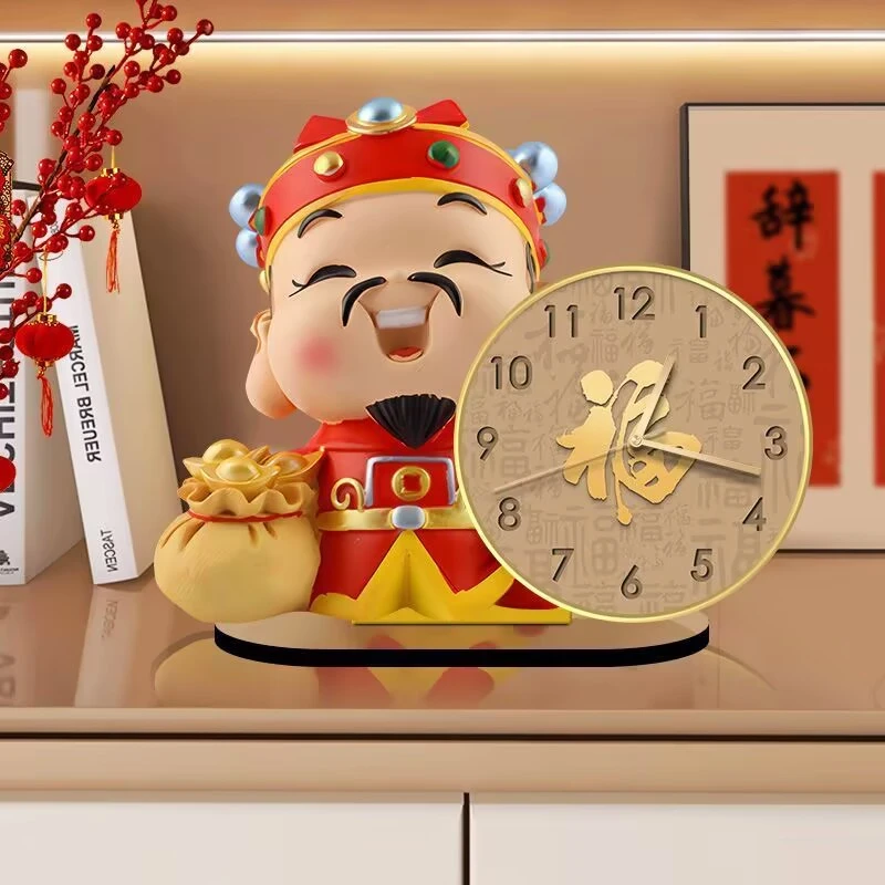 Q05财神爷时钟摆件家用创意客厅玄关桌面钟表春节乔迁喜庆小座钟