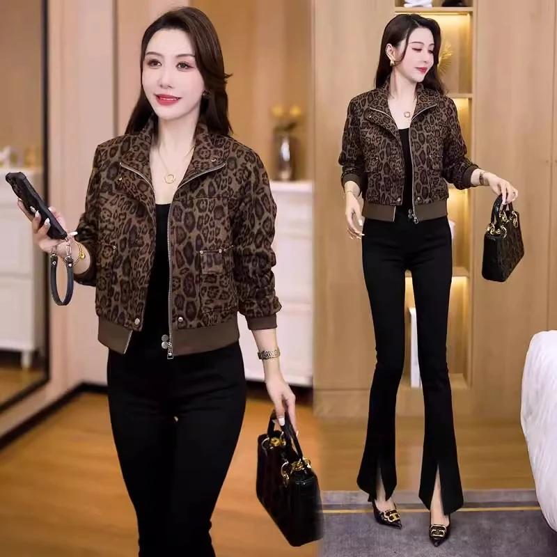2025秋季新款豹纹短款时髦外套女小个子洋气宽松减龄百搭夹克上衣