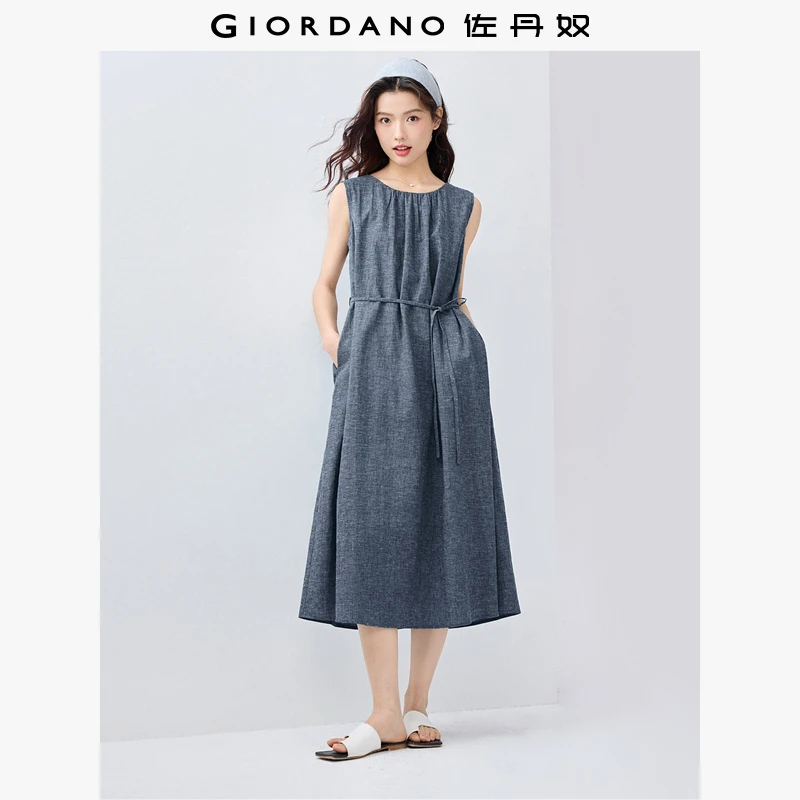 佐丹奴裙子女装天然棉麻绑带收褶圆领夏季背心连衣裙 13465352
