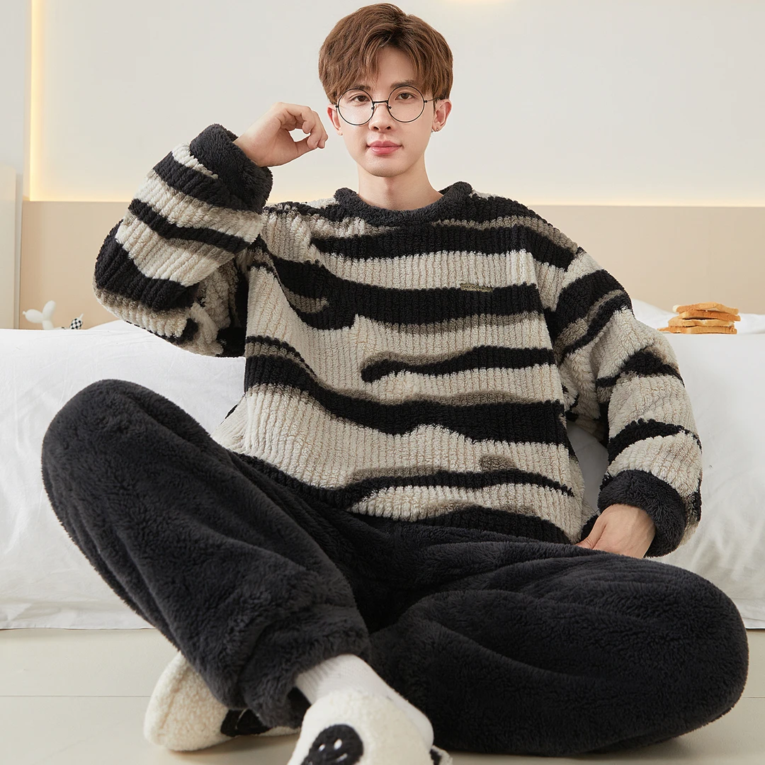 睡衣男款珊瑚绒加厚冬季条纹青少年男士大码保暖法兰绒家居服套装