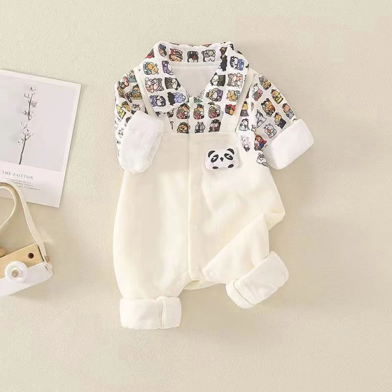 春秋新款男女宝宝可爱洋气假背带小熊翻领长袖连体哈衣爬爬服