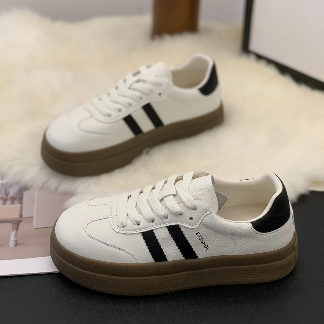 学院风时尚厚底休闲板鞋女2025秋季新款百搭系带显脚小舒适德训鞋