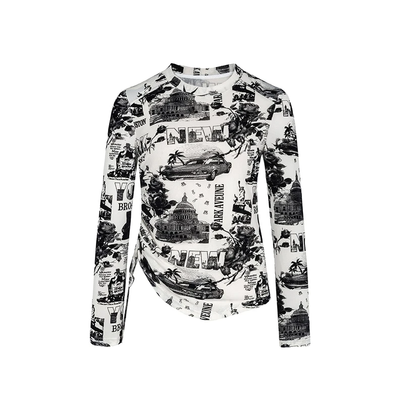 【小余专属】商场同款春秋新品植绒印花抽褶打底衫N022A41300