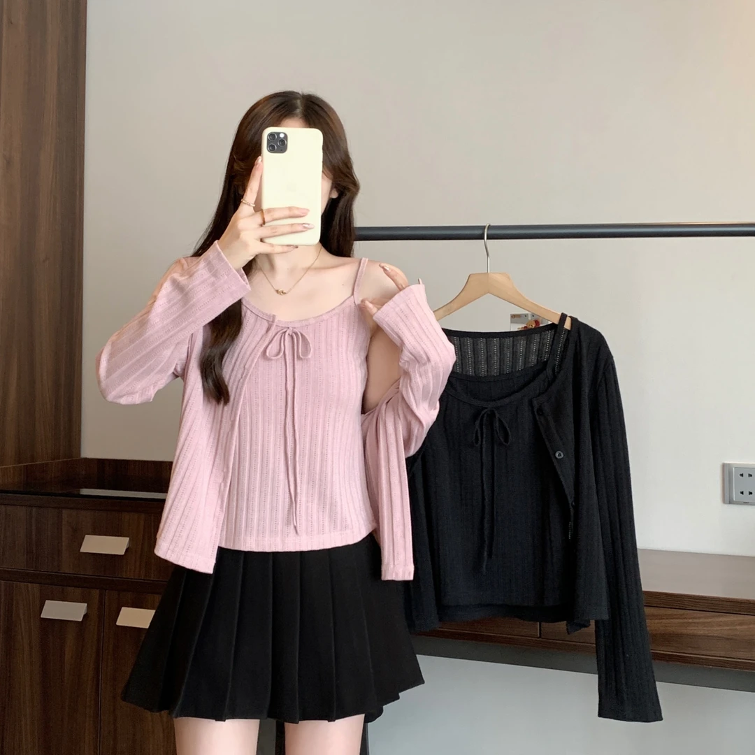 清2025秋装胖mm韩系甜美风套装长袖针织开衫系带背心两件套80508