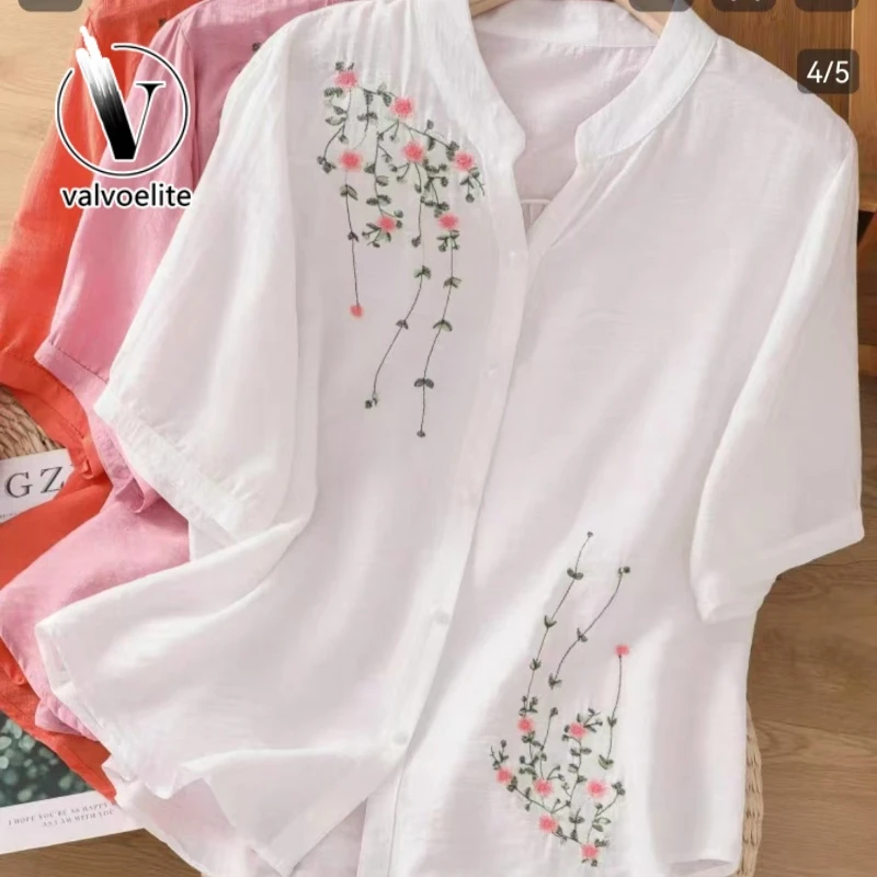 VALVOELITE女高端夏薄款时尚开衫刺绣衬衣宽松百搭复古中国风上衣