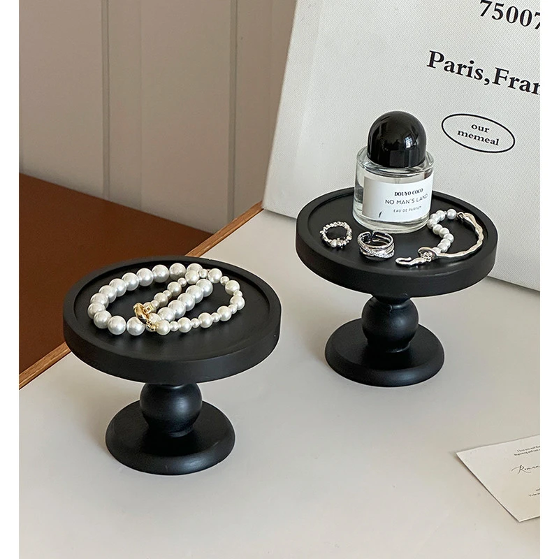 新疆西藏包邮黑色复古木质香薰托盘摆件玄关收纳盘置物盘圆形高脚