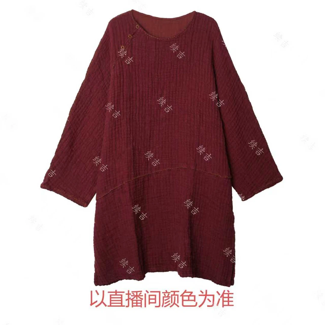 冬-续吉麻衣25-2709亚麻圆领手工绣线长袖纯色百搭大袍子