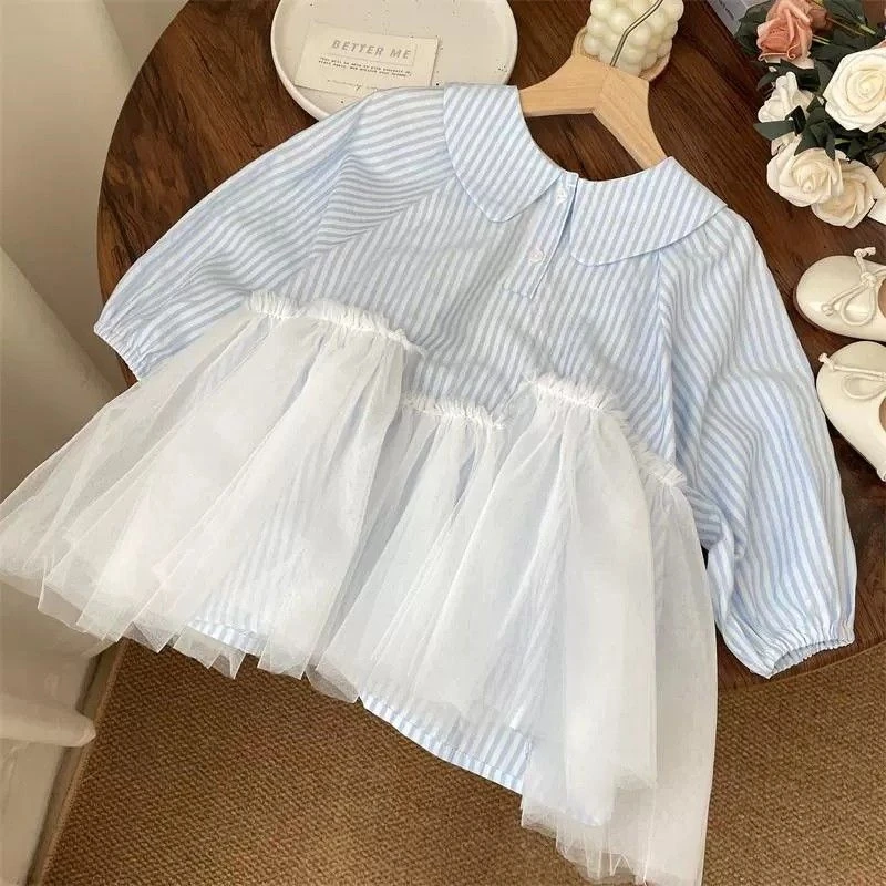 韩国春宝宝衣服蓝色条纹娃娃领网纱连衣裙女童公主裙衬衫裙儿童裙