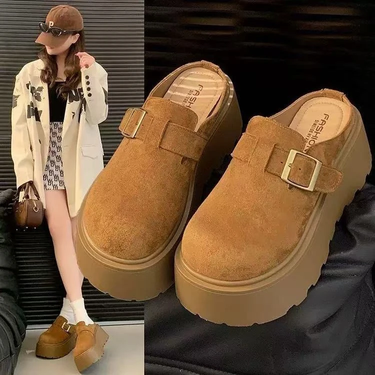 增高7CM 单里 包头半拖鞋女外穿2025新款秋季一脚蹬懒人勃肯鞋