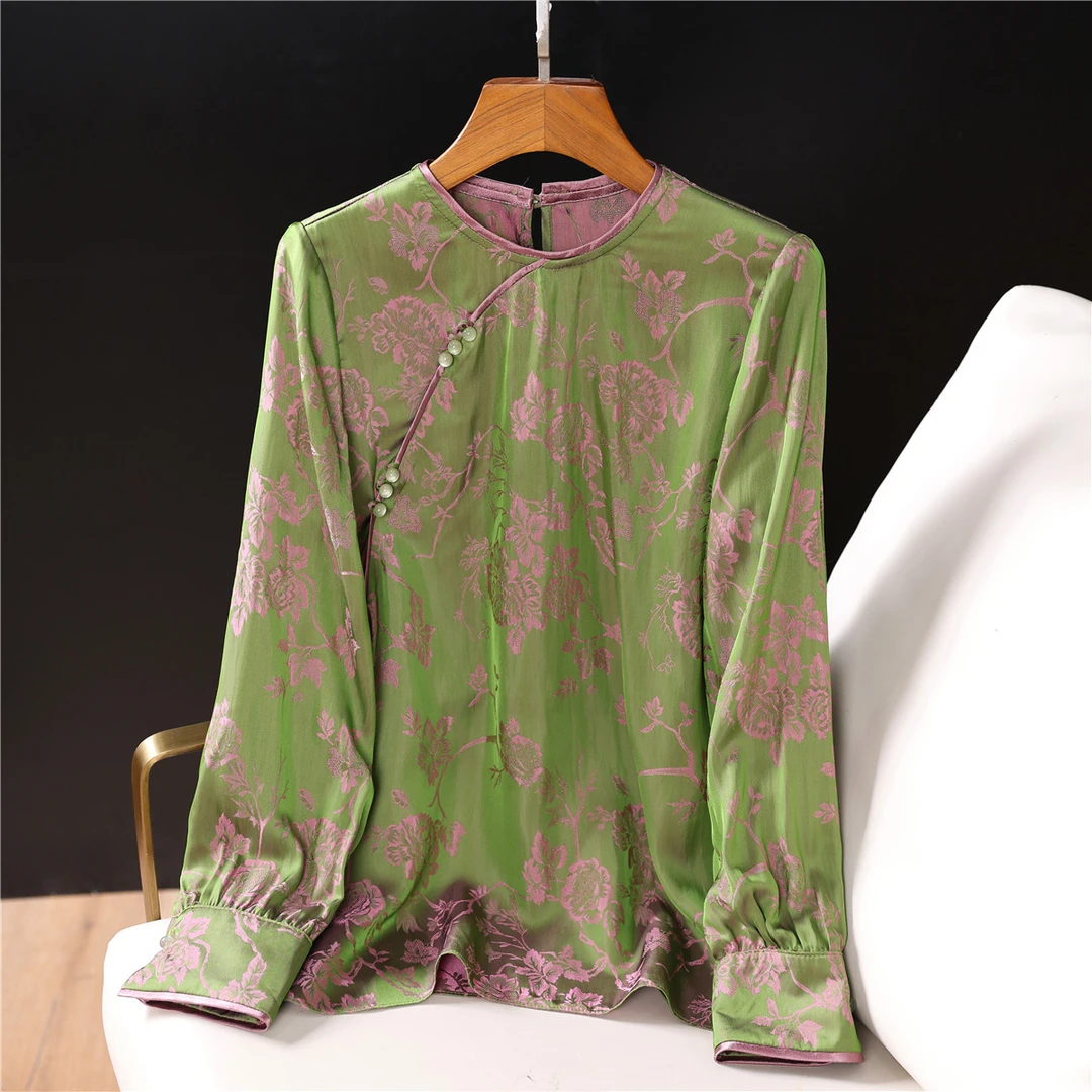 冰冰粉重磅提花衬衫女2025春夏复古新中式盘扣人丝上衣气质宽松